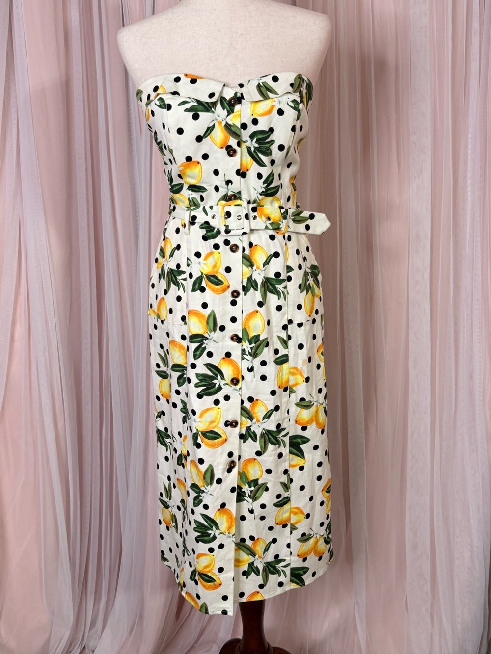 Oasis Strapless White Dress with Yellow Lemon Print and Black Polka Dots